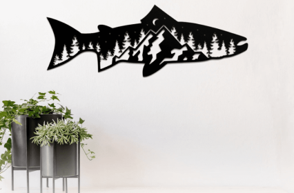 TROUT FISH DESIGN - METAL WALL ART (Color: Black)