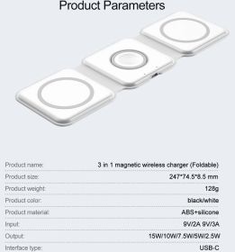 15W Fast Charging,3 in 1 Wireless Charger for iPhone and Android, Magnetic Foldable and Portable Charging Station (Color: White)