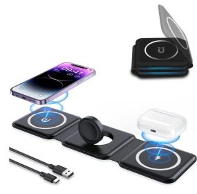 15W Fast Charging,3 in 1 Wireless Charger for iPhone and Android, Magnetic Foldable and Portable Charging Station (Color: Black)
